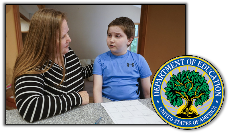 Mother comforts her child at the kitchen counter. Department of Education Seal covers part of the image.